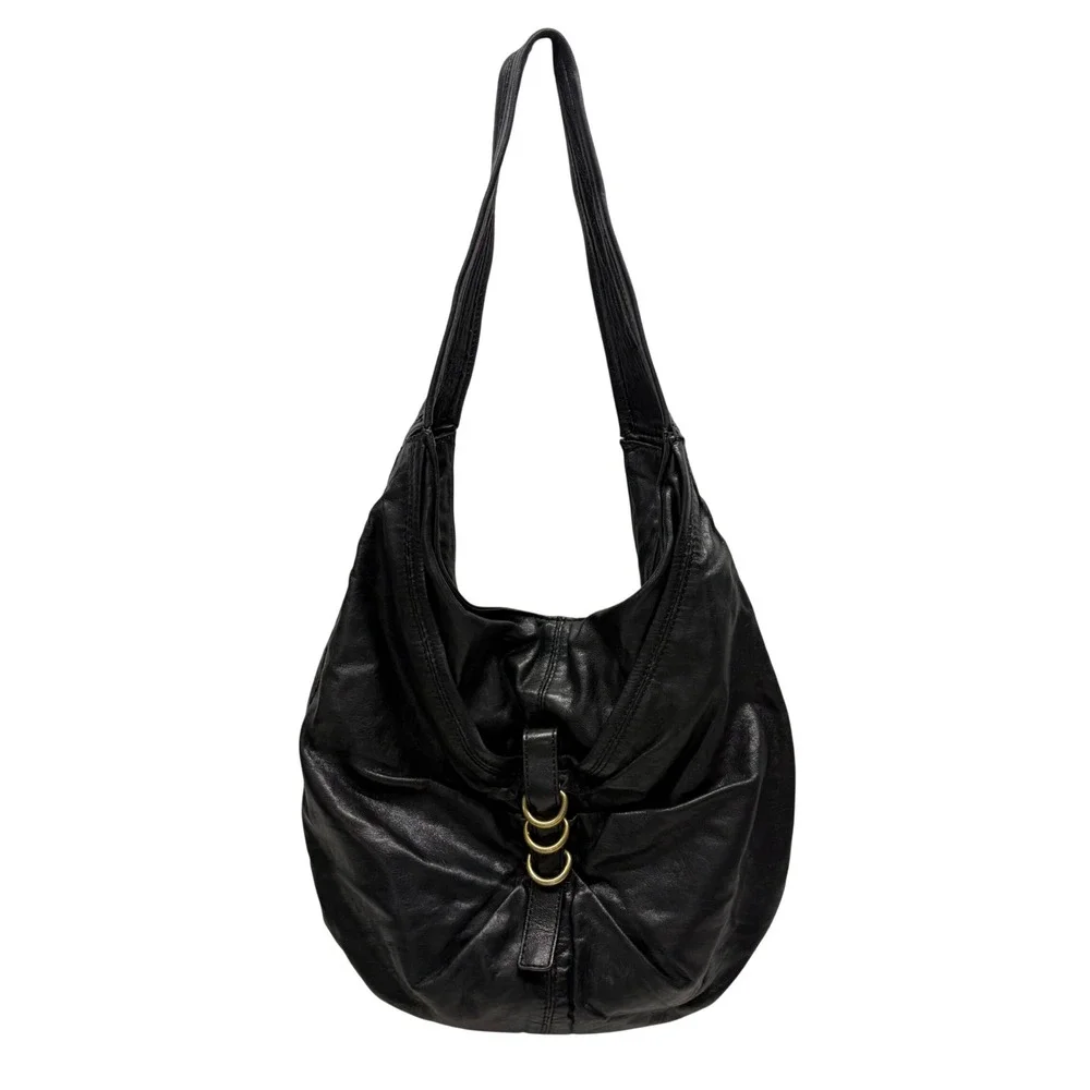 Kooba Hobo Shoulder Bag Slouchy Black Leather Triple Brass Ring Boho Indie Y2K